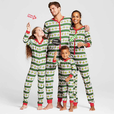 Family of four wearing matching green, white, and red striped Christmas long-sleeve pajama jumpsuits. - Image 6