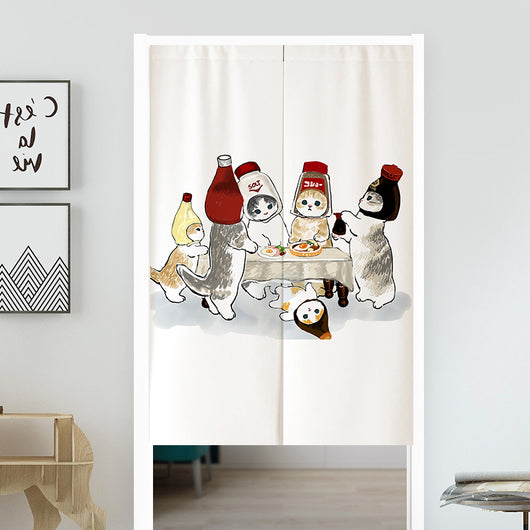 White segmented fabric door curtain with a cartoon design of three cats cooking and surrounded by fried eggs. - Image 6