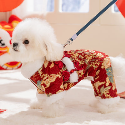 Traje de Brocado para Mascotas Año Nuevo Lunar con Borde de Pelaje Sintético - Image 7