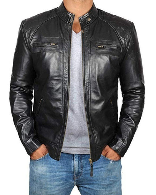 Chaqueta de Cuero para Hombre Estilo Europeo Americano con Cuello Alzado - Image 8