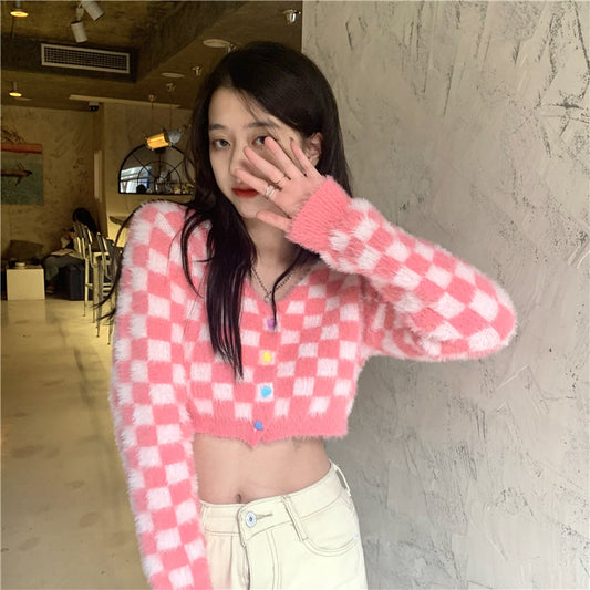 Cardigan Tejido a Cuadros con Cintura Alta para Mujer