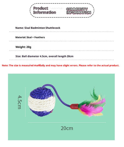Four sisal ball cat toys with colorful feathers in pink, purple, blue, and teal stripes, for playing and grinding claws. - Image 17