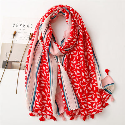Chal Foulard de Algodón y Lino con Estampado de Hojas de Uva y Borlas - Image 7