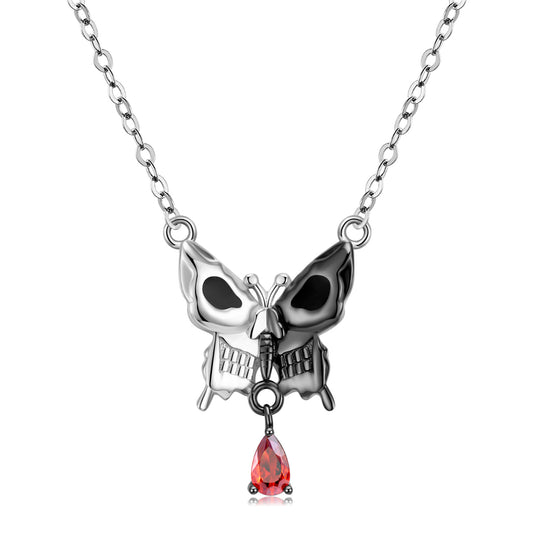 Collar Gótico Plata 925 Baño Oro Negro con Calavera y Mariposa - Estilo Punk Retro