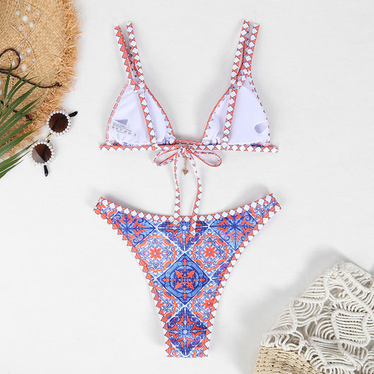 Retro 4-color printed women's bikini with red, blue, and white paisley pattern, featuring a triangle top and high-cut bottom. - Image 17