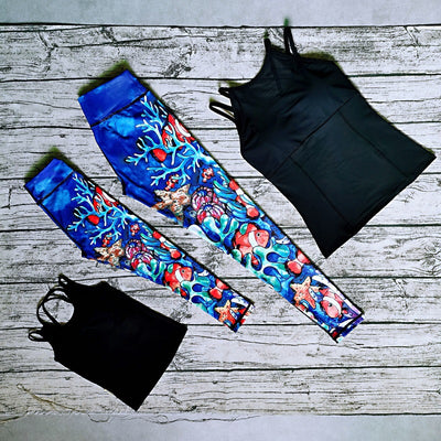 White parent-child yoga suit with tropical leaf print leggings and matching sleeveless tops. - Image 26