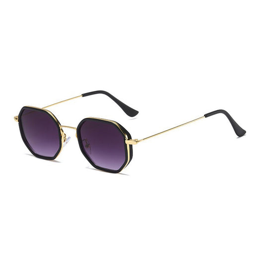 Men's personalized polygon sunglasses with black and gold frame and purple gradient UV resistant lenses. - Image 4