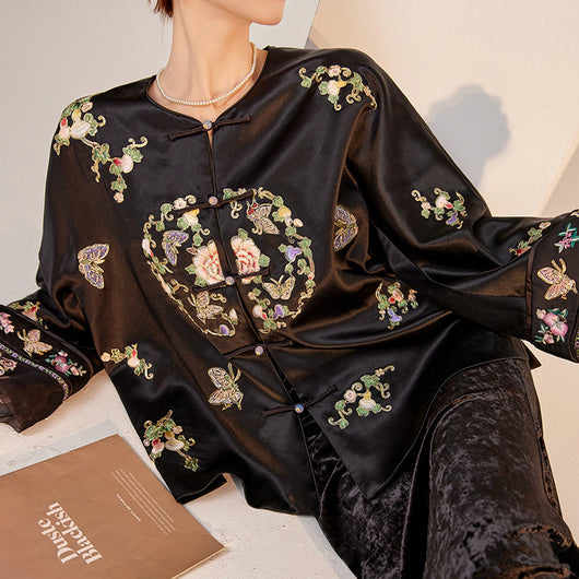 Blusa Larga Estilo Chino Premium con Bordado y Estampado Artesanal - Image 4