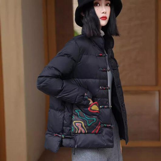 Chaqueta Acolchada Retro Estilo Chino con Cuello Alto para Mujer - Image 2
