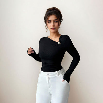 Blusa Base Plisada Cuello Oblicuo Mujer Esbeltecedora Primavera Otoño - Image 4