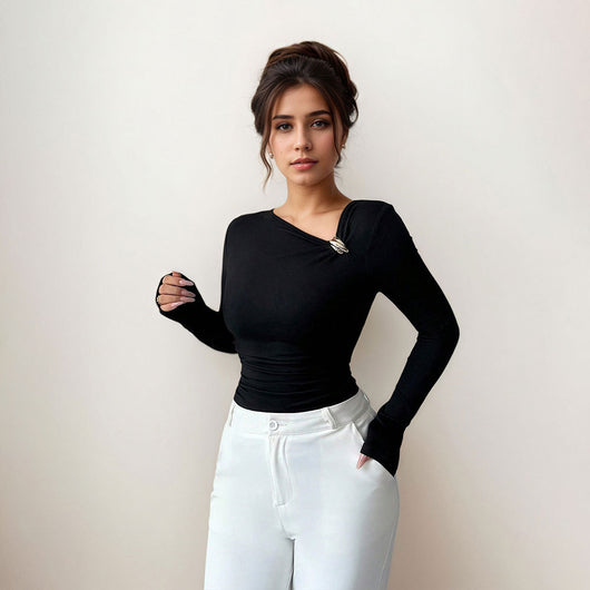 Blusa Base Plisada Cuello Oblicuo Mujer Esbeltecedora Primavera Otoño - Image 4