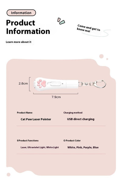 Pink cat paw pen light toy with red laser, UV light for urine detection, and white LED illumination, featuring a keychain. - Image 9