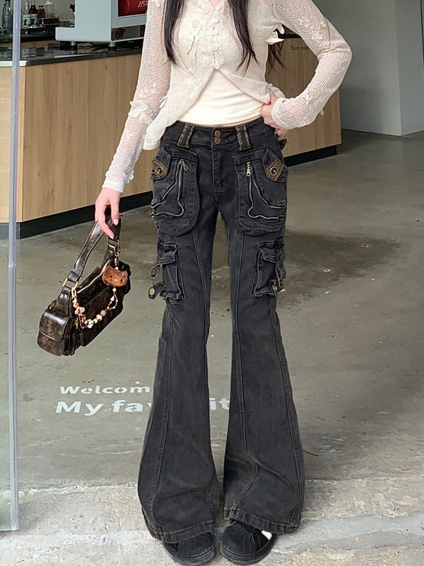 Jeans Acampanados Lavados Estilo Vintage con Múltiples Bolsillos