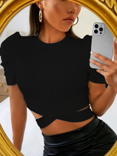 Blusa Ajustada de Manga Corta Abullonada con Cuello Redondo en Tela Acanalada - Image 9