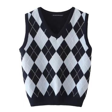 Chaleco Tejido Cuadros Diamante Estilo Preppy Retro Versátil - Image 13