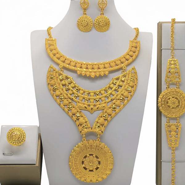 Conjunto de Joyería Árabe Dorada para Novia - Collar, Pulsera, Aretes y Anillo
