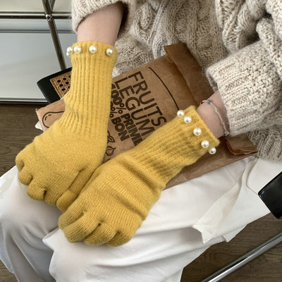 Guantes Tejidos Cálidos con Perlas en Colores Sólidos - Image 2
