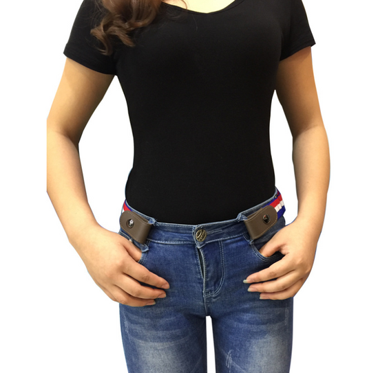 Red, white, and blue striped elastic stretch belt with brown leather-look ends and a silver-tone double buckle.
