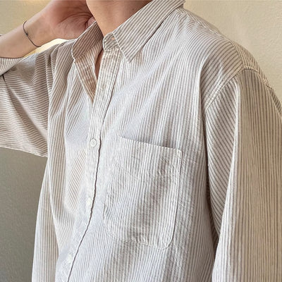 Camisa Casual Holgada de Manga Larga a Rayas para Hombre - Image 2