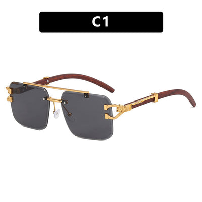 Pink gradient frameless square sunglasses with a double beam, gold-tone hardware, and dark wood-look temples. - Image 6