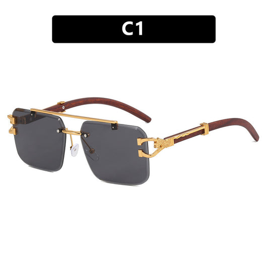 Pink gradient frameless square sunglasses with a double beam, gold-tone hardware, and dark wood-look temples. - Image 6