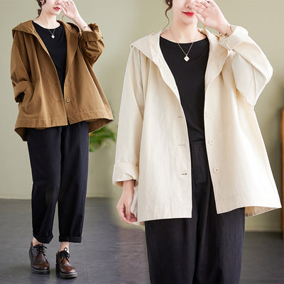 Abrigo Suelto con Capucha Mujer Retro Khaki Algodón Casual Costura Artística - Image 2
