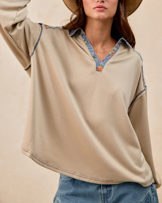Sudadera Holgada Estilo Francés con Solapa y Patchwork para Mujer - Image 9