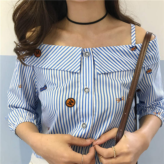 Blusa Rayada Hombros Descubiertos con Cuello Cosido - Image 3