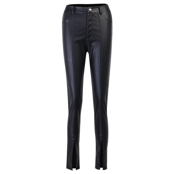 Pantalones de Cuero con Cierre Dividido para Mujer