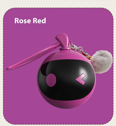 Rose red and black spherical cat toy with a grey pom-pom and suction cup base for self-play. - Image 23