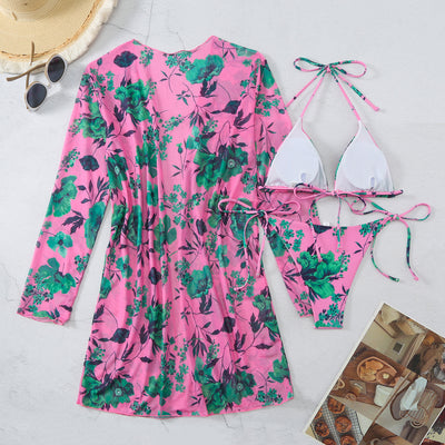 Milky white floral print three-piece swimsuit with triangle bikini top, v-cut bottom, and sheer long-sleeve cover-up. - Image 35