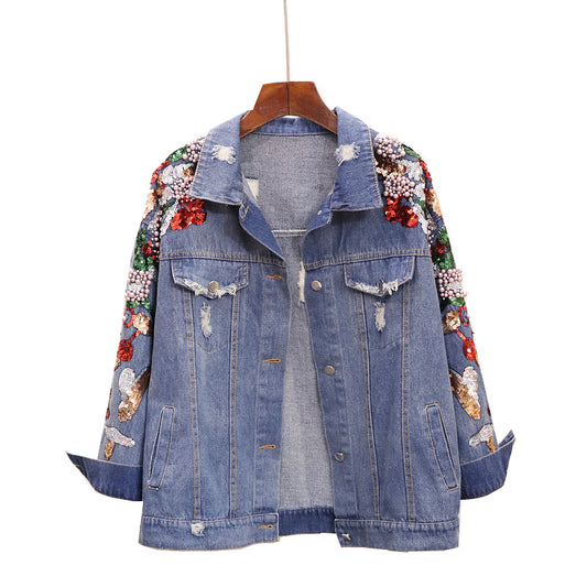 Chaqueta Denim Oversized con Bordados y Lentejuelas Reductora para Mujer