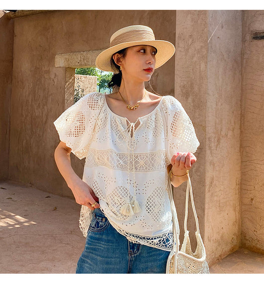 Blusa de Encaje Bordada Manga Corta - Diseño Exclusivo Francés Talla S - Image 15