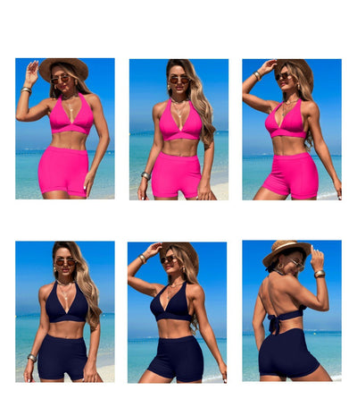 Woman in a hot pink halter neck bikini top and matching high-waisted swim shorts at the beach. - Image 12