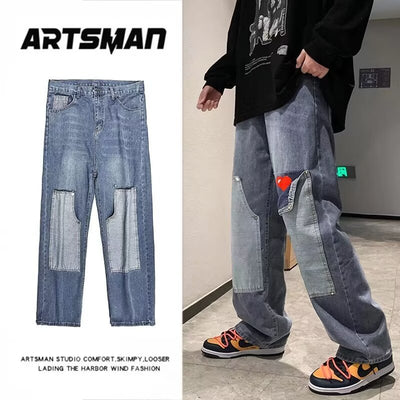 Jeans Vintage Americano con Parches para Hombre - Estilo Trendy