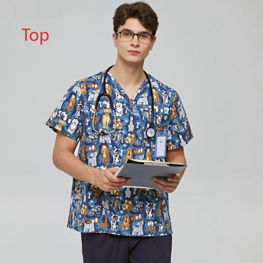Uniforme Médico Veterinario Estampado Cuello V Flores Azul
