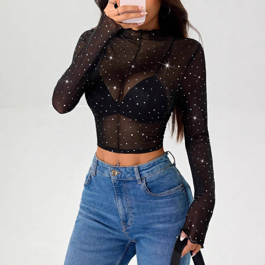 Blusa Transparente con Cuello Alto, Manga Larga y Lentejuelas Brillantes