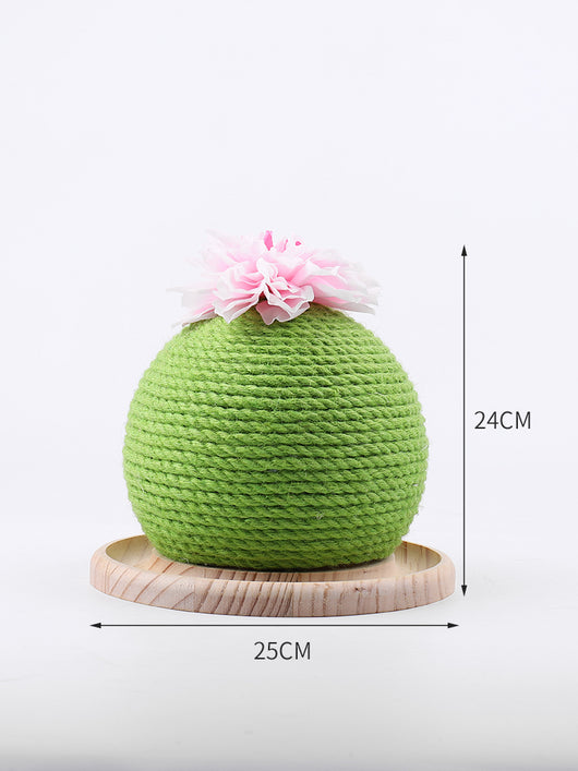Green rope cat scratching toy shaped like a cactus with a pink flower on top, sitting on a light wood base. - Image 8