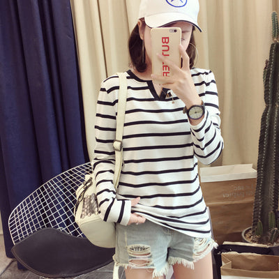 Playera Ajustada de Rayas con Cuello en V y Manga Larga para Mujer