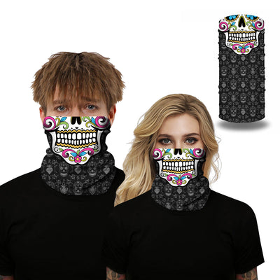 Black and white neck gaiter featuring a detailed skull and spine print, suitable for outdoor sports. - Image 32