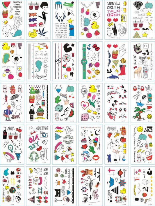Set of 30 temporary tattoo stickers featuring pink and purple butterflies, flowers, bunnies, and moon designs.