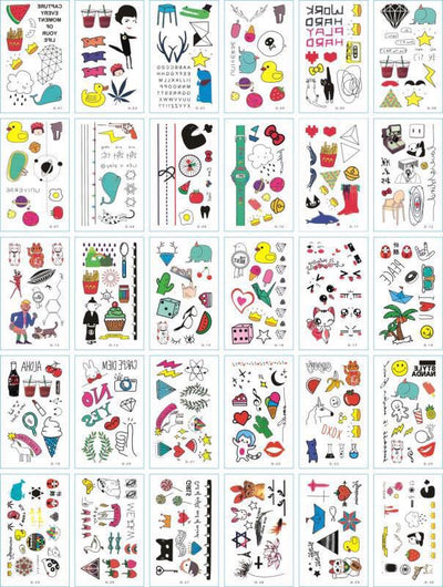 Set of 30 temporary tattoo stickers featuring pink and purple butterflies, flowers, bunnies, and moon designs.