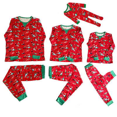 Red long-sleeved men's pajama set with a festive dinosaur and Christmas tree print, featuring green cuffs. - Image 4