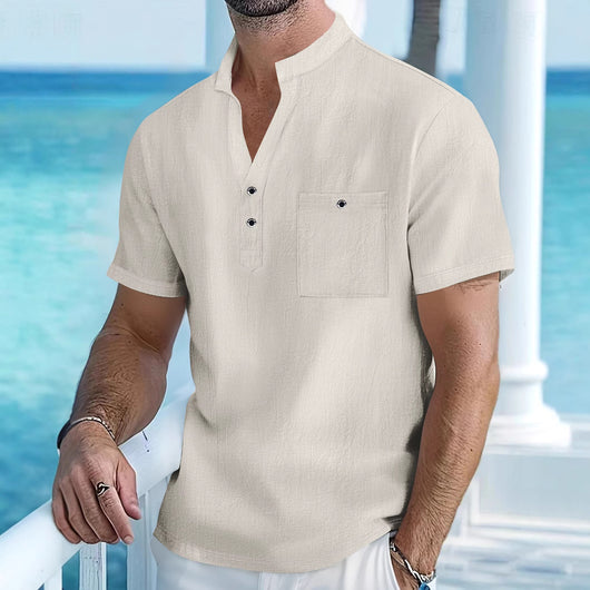 Camisa de Lino con Cuello Mao Manga Corta para Hombre - Image 3