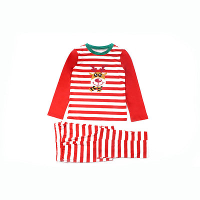 Red and white striped long-sleeved pajama set with a cartoon reindeer graphic on the shirt. - Image 3