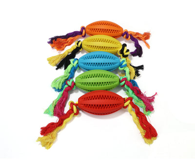 Green rubber pet molar toy with a football shape and textured surface, featuring red and green braided rope knots. - Image 6