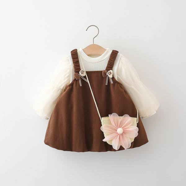 Falda Suspender de Pana con Moño para Niña - Conjunto de Manga Larga