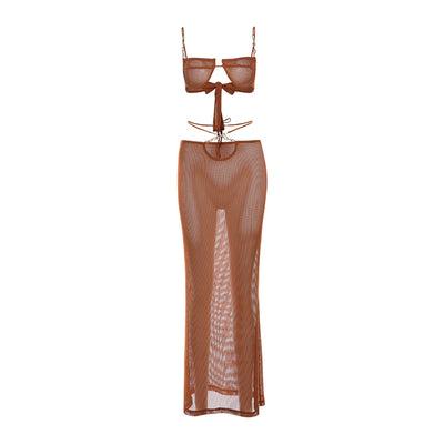 White see-through bikini skirt suit with a mesh bralette top and sheer knit maxi skirt with gold chain details. - Image 7