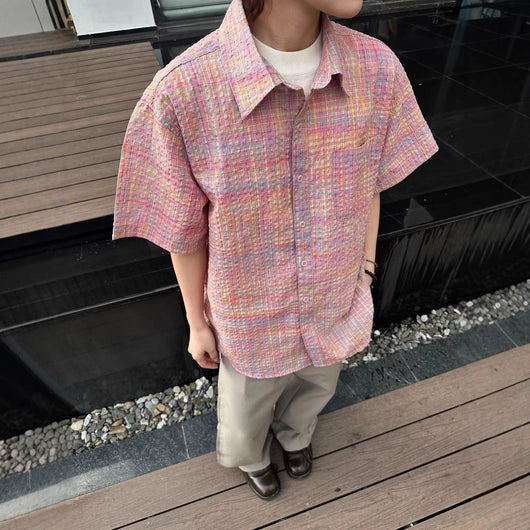 Camisa Cuadriculada Seersucker Suelta para Hombre - Manga Corta Verano - Image 2