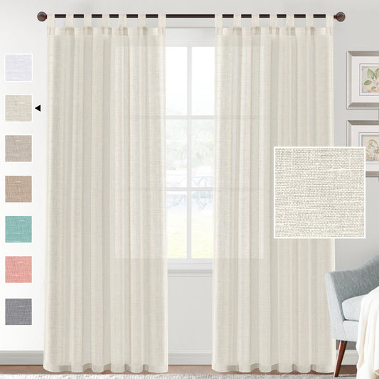 Light beige linen-look tab top curtains hanging on a dark rod, with a fabric swatch and color options.